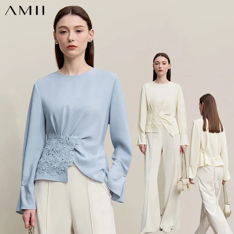 Amii Camicetta da donna 2026 Primavera Nuovo Elegante Pendolare Girocollo in Chiffon di Pizzo Camicia da Donna Allentato Versatile Elegante Top 12681001