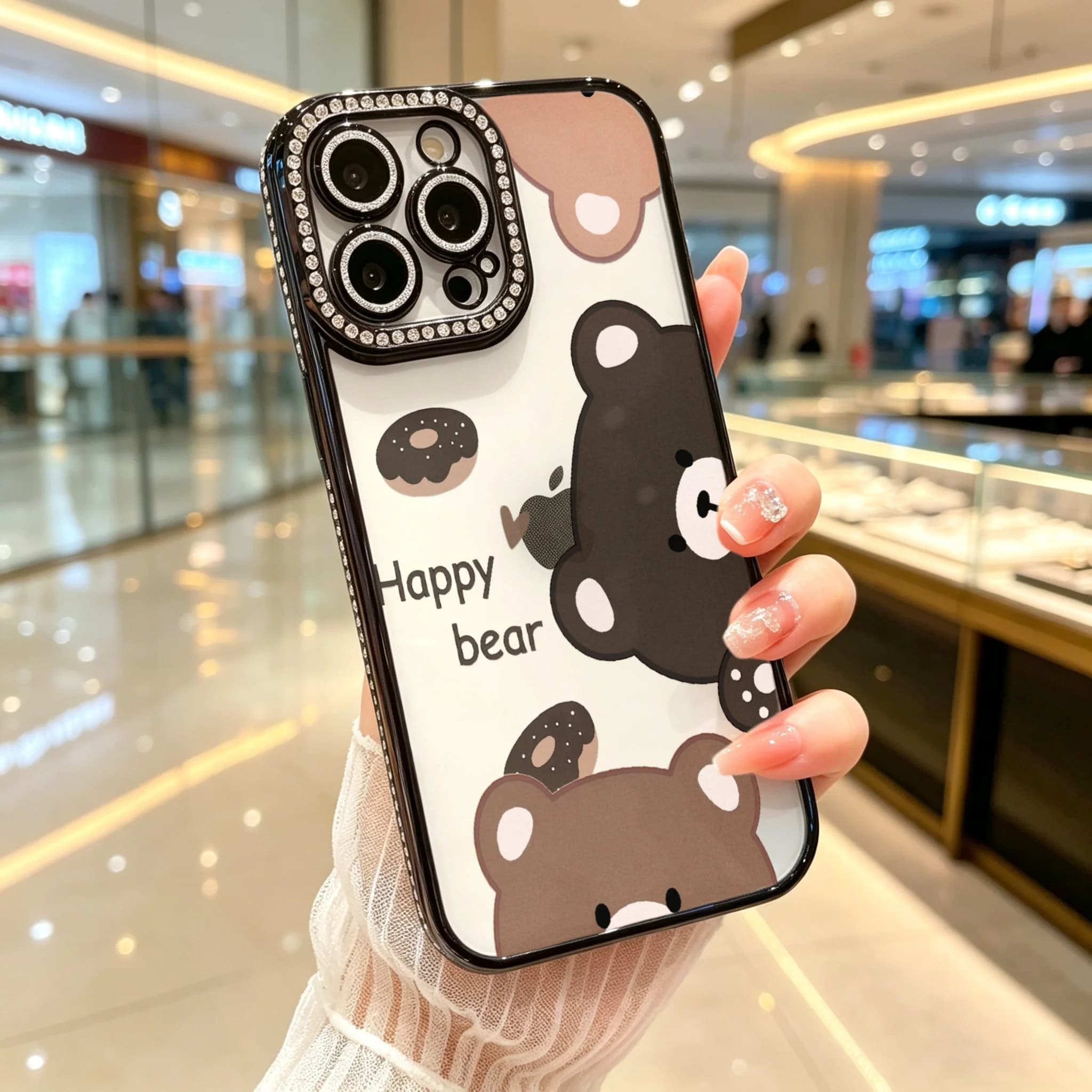 Diamond Electroplated TPU Phone Case for iPhone, Cute Cartoon Phone Case, Happy Bear Pattern With Donut Design And Rhinestone Camera Frame , Luxury Glitter Rhinestone Frame, Built-in Lens Protector, Anti-Slip Shockproof Clear Cover