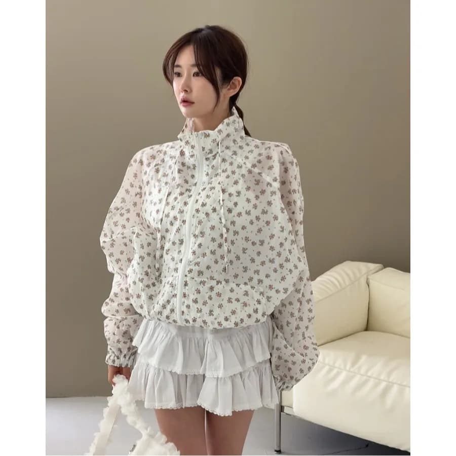 Floral Print Sun Protection Windbreaker Jacket Korean Style Regular Fit Women's Outerwear for Spring Autumn Winter