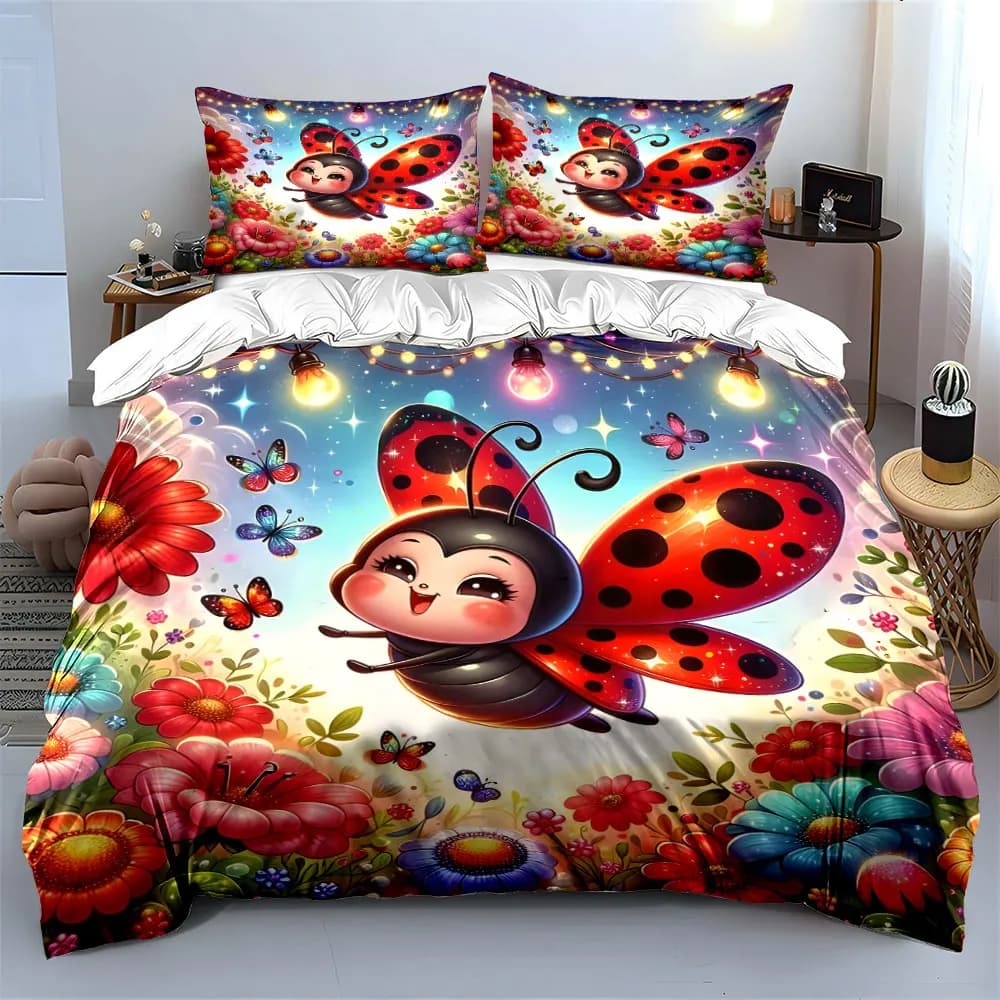Simpatica coccinella tra fiori colorati. Set di biancheria da letto con copripiumino morbido e confortevole, stampato, include 1 copripiumino e 2 federe.