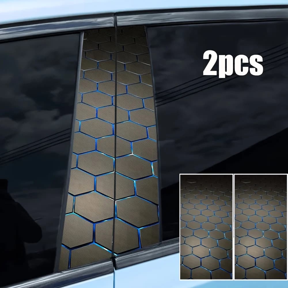 2 pezzi di adesivi decorativi per montante B dell'auto, adesivi per porte, resistenti ai graffi, resistenti all'acqua, in vinile geometrico esagonale blu decorativo