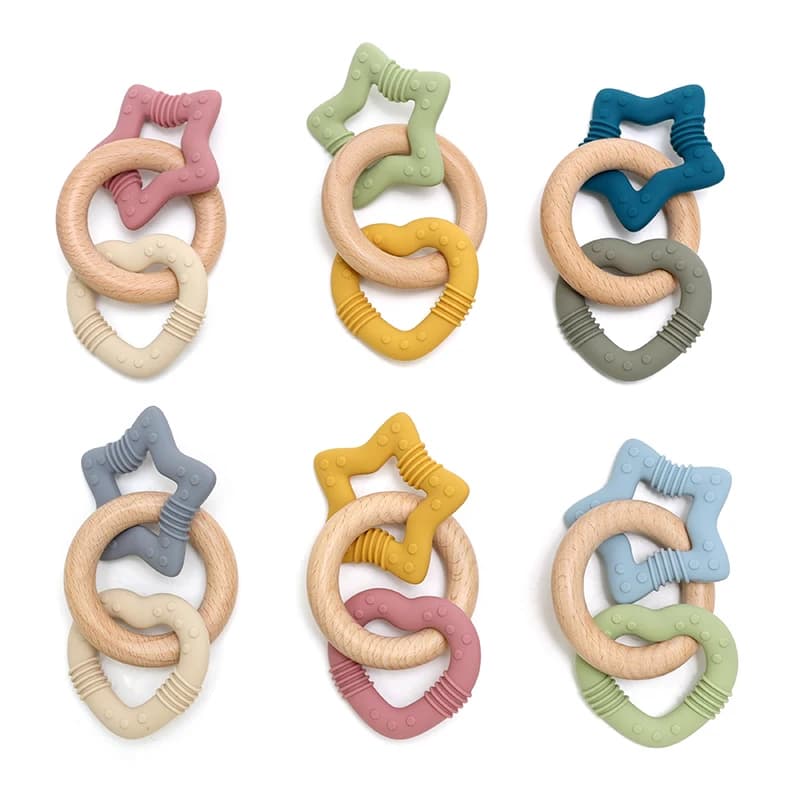 Massaggiagengive 3 in 1 con anello in legno per bambini, stella in silicone e cuore, con anello in legno per la dentizione, giocattolo a sonaglio per bambini