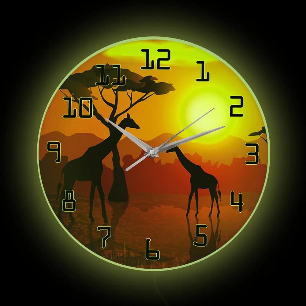 Safari giraffe LED wall clock with backlight for bedroom landscape African wildlife animal decorations for home wall clock Glow in Dark