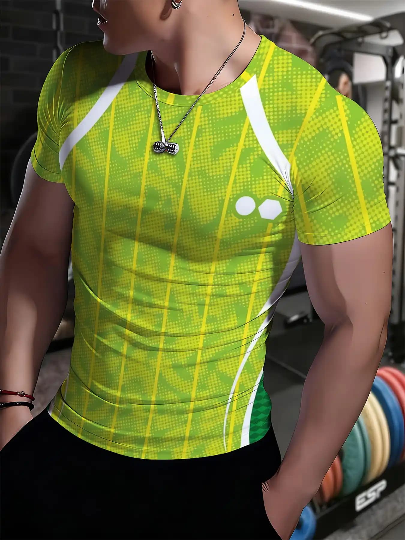 Men Sports Short Sleeve T-Shirt Quick Dry High Elastic Green Vertical Stripe Print Breathable Slim Fit Training Top