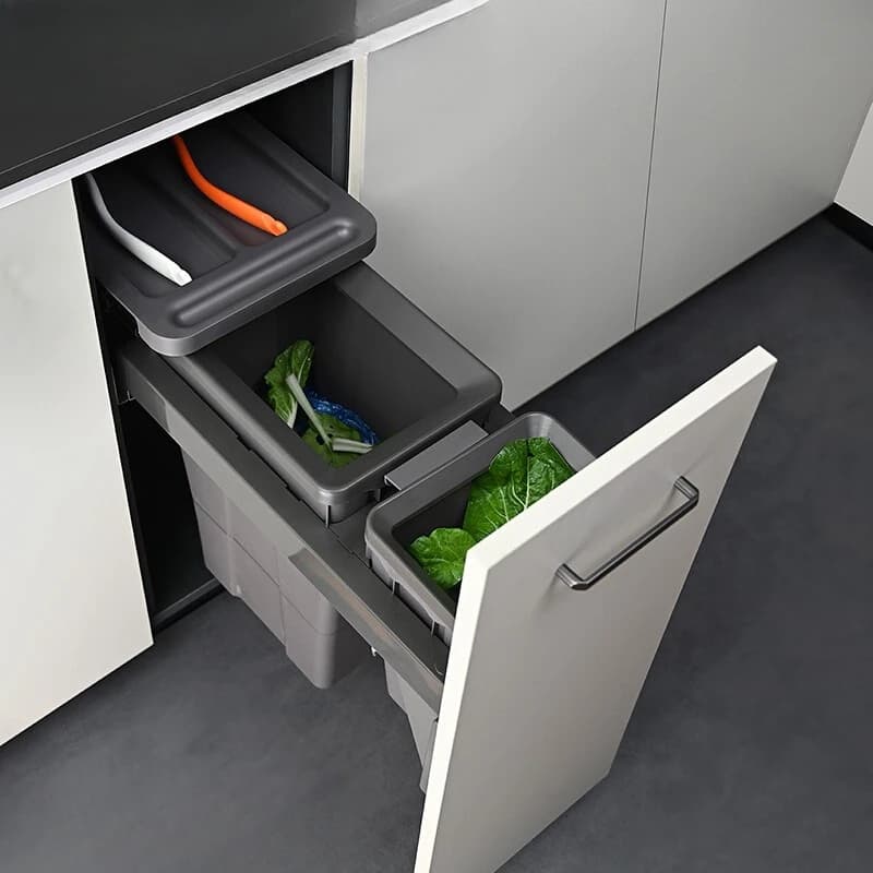 Armadio per sistema della spazzatura a doppio contenitore sottopiano Cestino estraibile Organizzatore per riciclaggio nascosto Cassetto per rifiuti incorporato nascosto con coperchi
