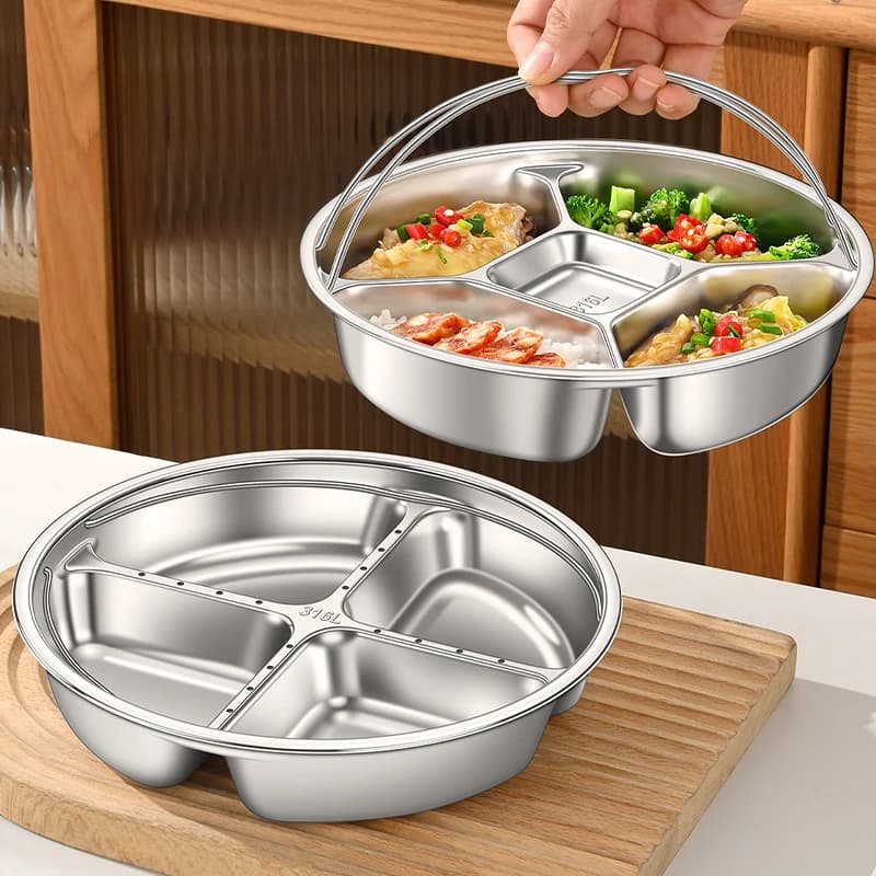 Stainless Steel Divided Steaming Plate with Handle Round Portion Control Weight Loss Tray Multi-Compartment Steamer Insert Rack