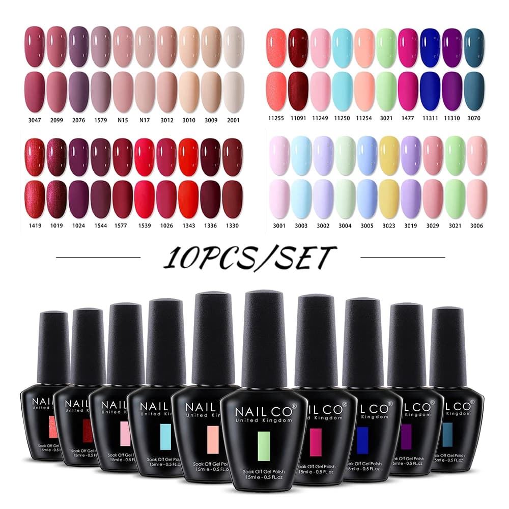 NAILCO 10PCS/Set Gel Nail Polish Gorgeous Full Coverage Semi Permanent Soak Off UV LED Gel Nail Art Base Top Coat Gel Polish Kit