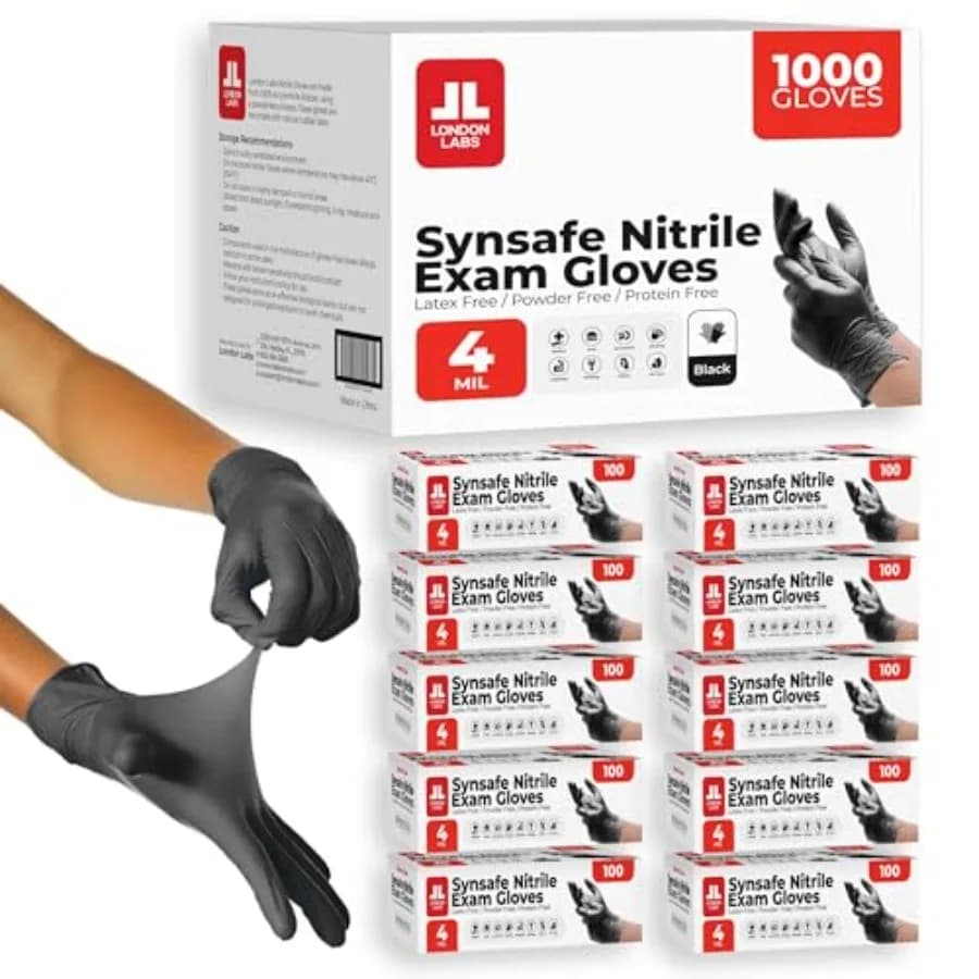 Guanti Monouso in Nitrile Nero Synsafe 4 Mil, Senza Lattice e Senza Polvere, Extra Resistenti per Kit di Pronto Soccorso, EMT e Pulizie