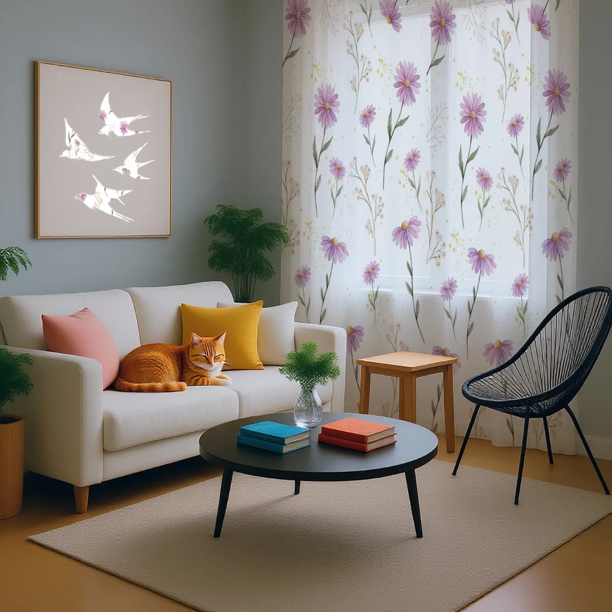 Tenda velata viola Margherita del Prato (1 pz) - Tenda per finestra con motivo floreale acquerello per un arredamento fresco della casa