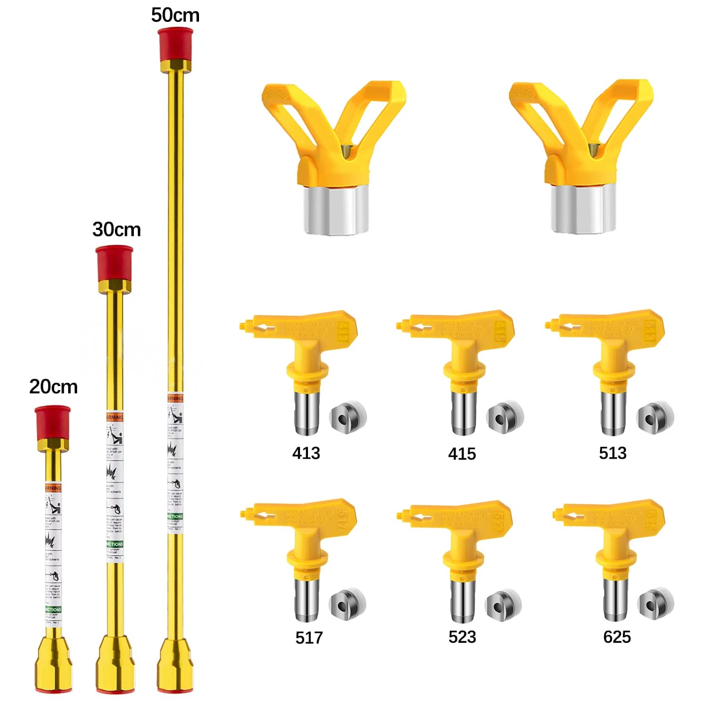 Airless Spray Nozzle Tips Set 413/415/513/517/523/625 with Guard & 20cm/30cm/50cm Extension Wand Home Construction Coating Tool