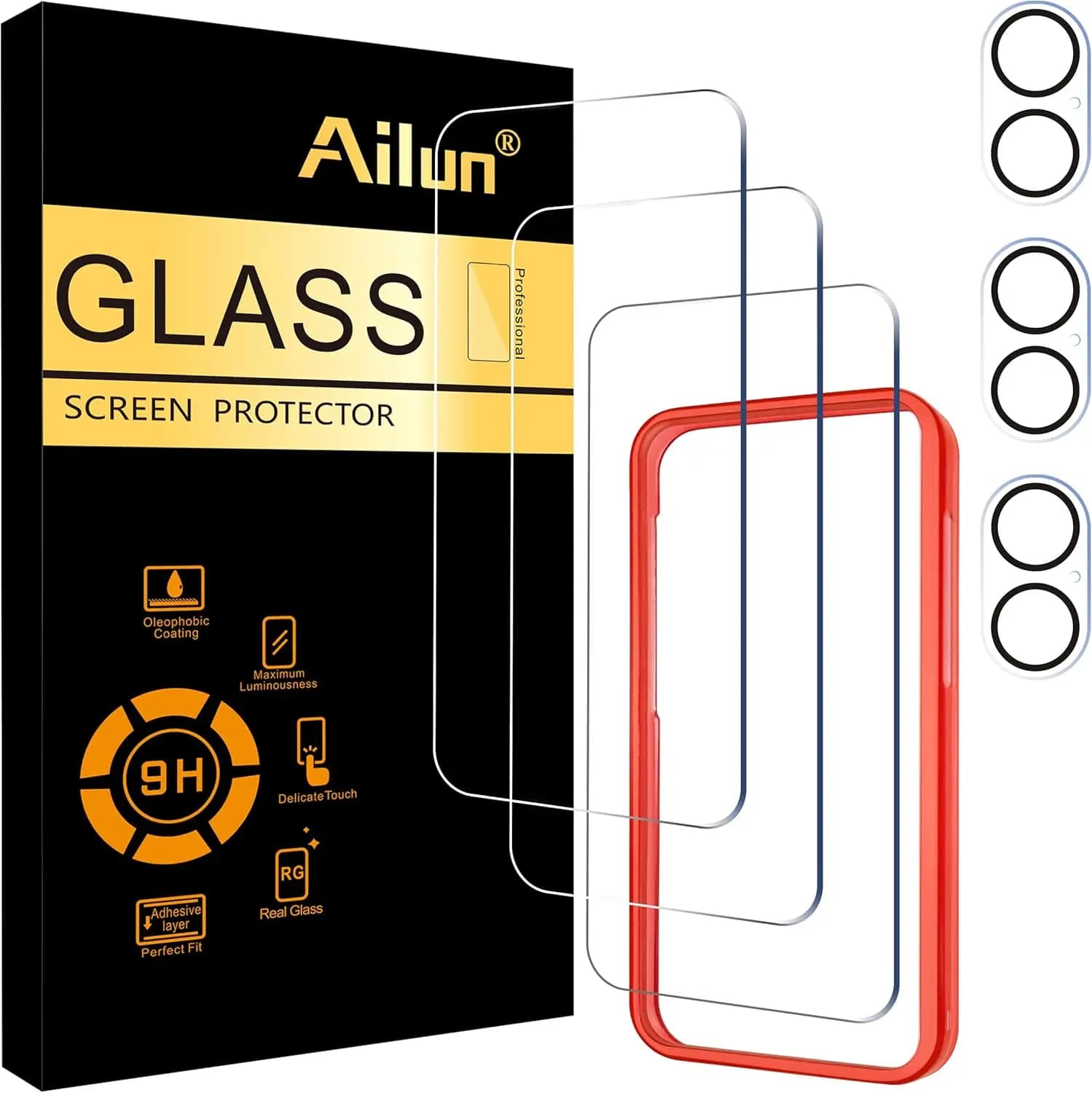 Set of 3 Protections for Screen iPhone 16 + Camera lens protection with Frame, Tempered Glass, Compatible with Cover