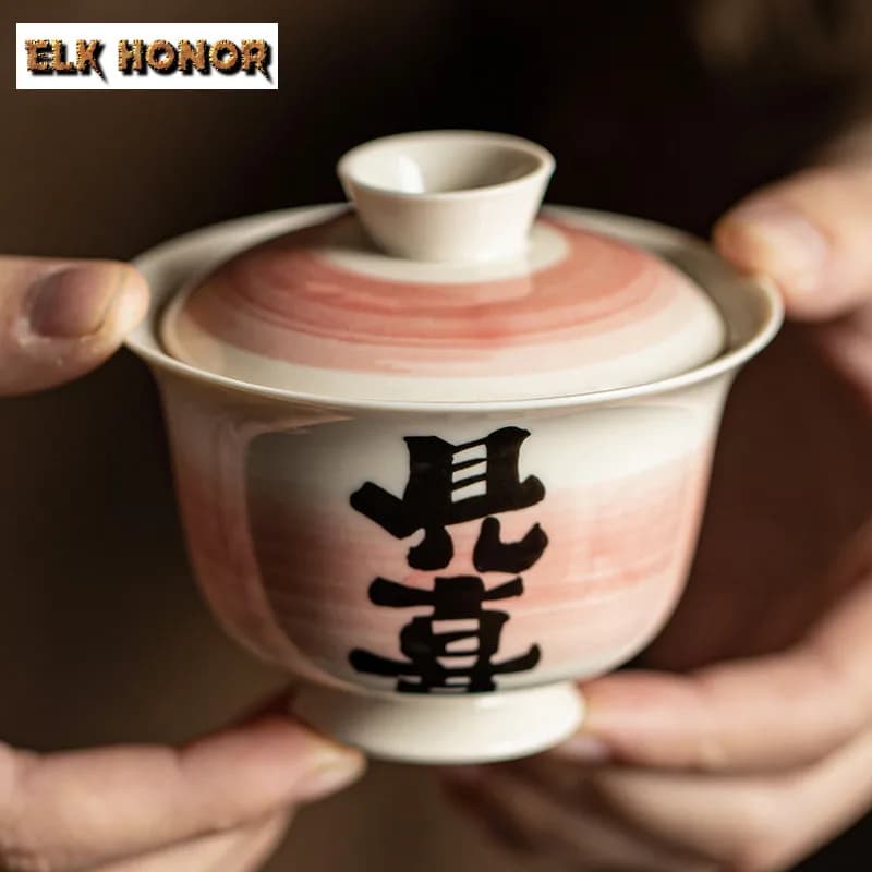 150ML Grass Wood Ash Calligraphy Gaiwan Traditional Tea Tureen Tea Bowl with Lid Kit Tea Maker Cover Bowl Kung Fu Tea Set Gift