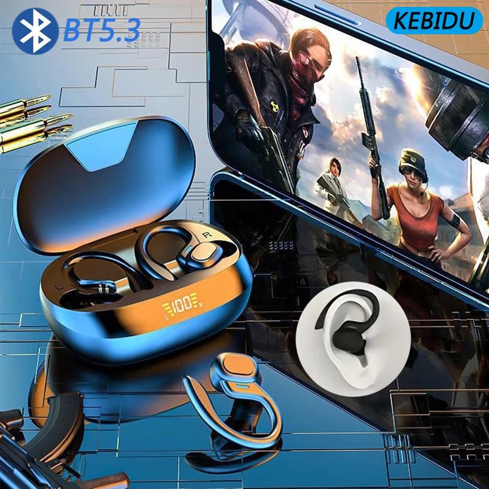 Bluetooth 5.3 headphones with ear hook 200 hours HiFi playback Stereo Waterproof gaming headphones with noise cancellation LED display Sports accessories