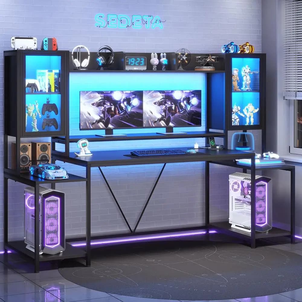 Scrivania da Gaming 74.8 con Luci LED, Scaffale e Ripiani Portaoggetti, Scrivania per Computer con Supporto Monitor, Grande Postazione di Lavoro per Gamer PC