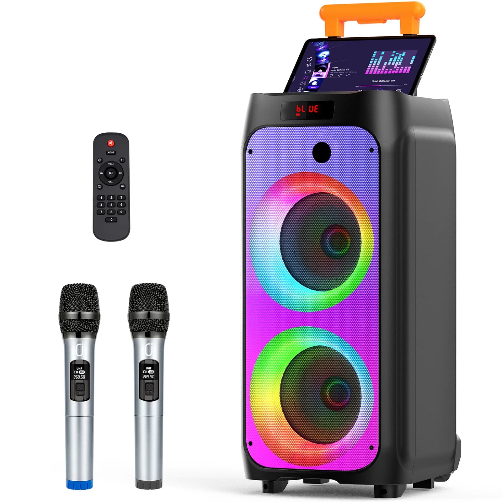 FanFun Altoparlante Bluetooth grande, altoparlante wireless con ruote e barra trolley, macchina per karaoke con 2 microfoni, altoparlante per karaoke