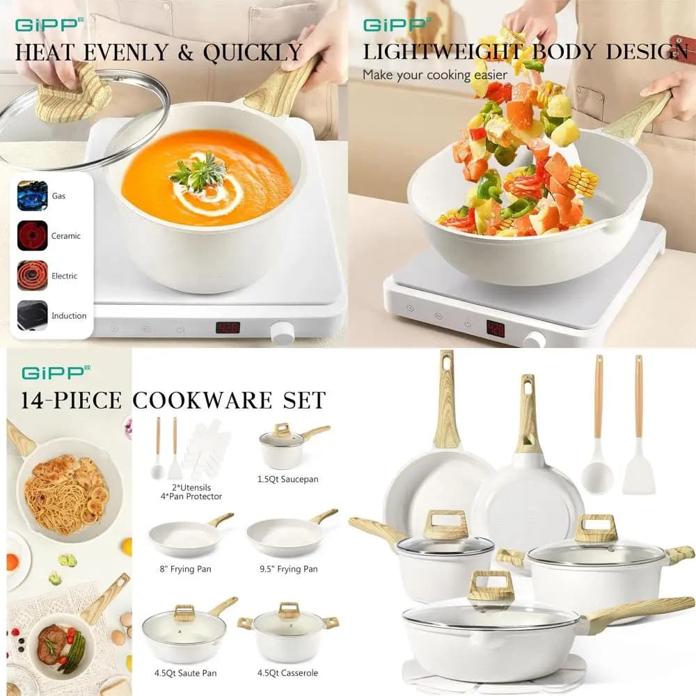 Set of 14-piece white granite non-stick pans with pans, pots, silicone tools, without PFOS and PFOA