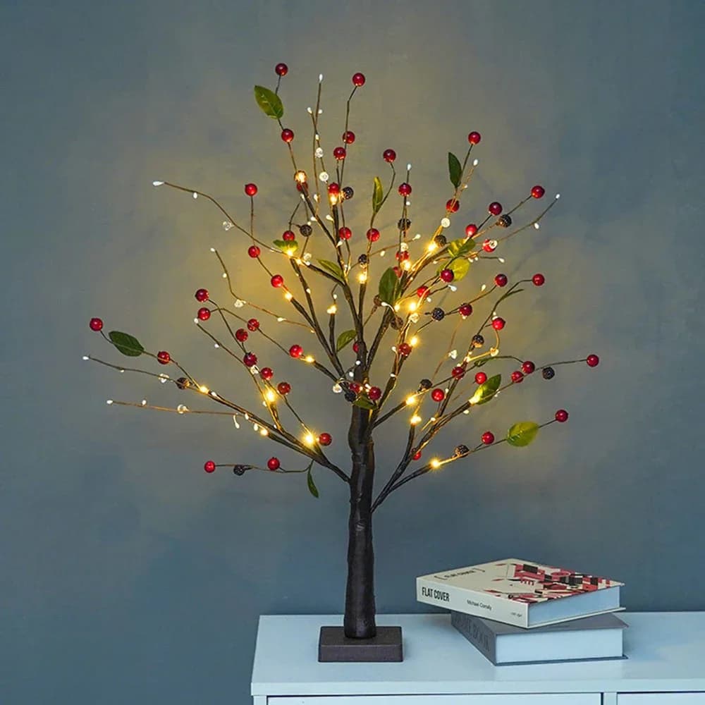 1pc Lampada per albero da frutto rossa Alimentata a batteria Luce per albero bonsai da tavolo per soggiorno Ringraziamento Halloween Decorazioni per feste di Natale