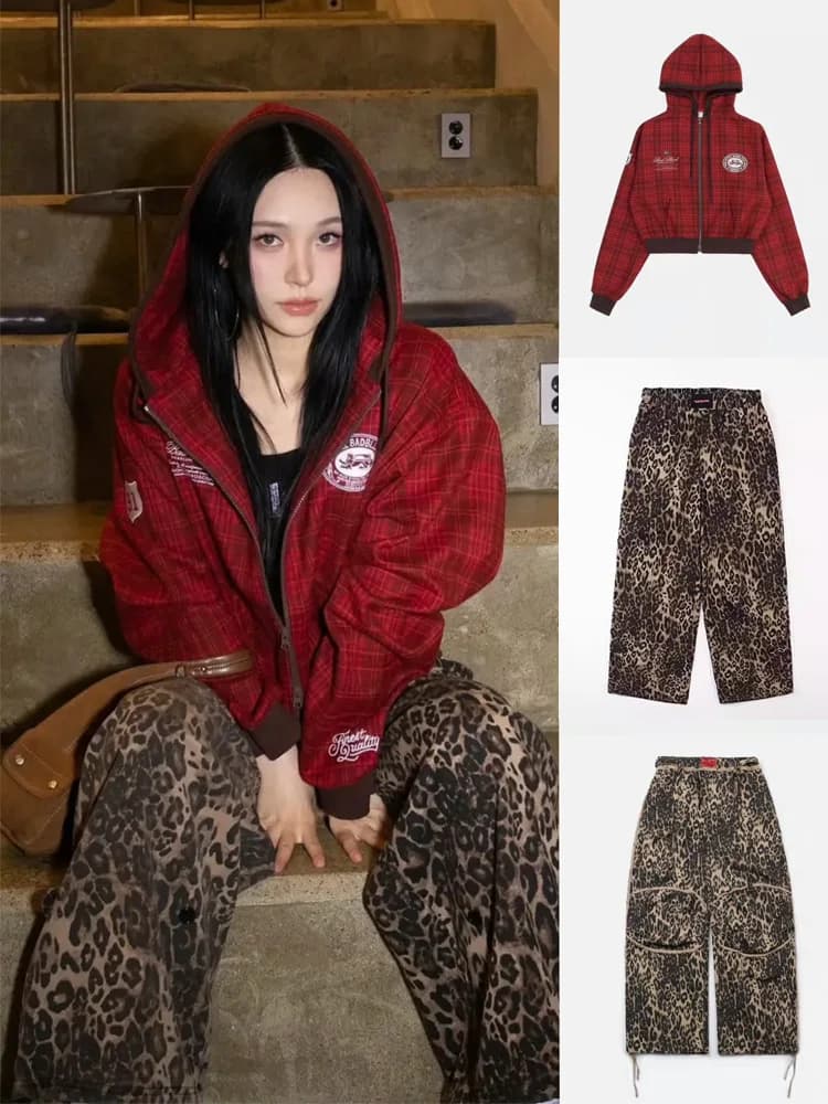 Retro American Loose Lazy Style Red Plaid Hoodie Jacket Women's Street Zipper Open Cardigan Long Sleeve Short Length Coat