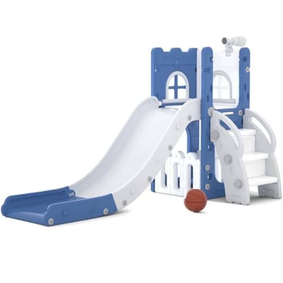 Scivolo 6 in 1 per Bambini con Telescopio, Canestro da Basket e Scivolo a L, Set da Gioco Blu per Interni ed Esterni