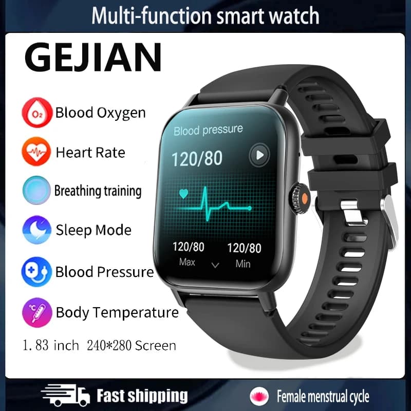 GEJIAN New 1.83 Inch HD Screen Smart Men's Watch, Heart Rate Monitoring, Blood Oxygen, Blood Pressure, Bluetooth Call, Women's Smartwatch