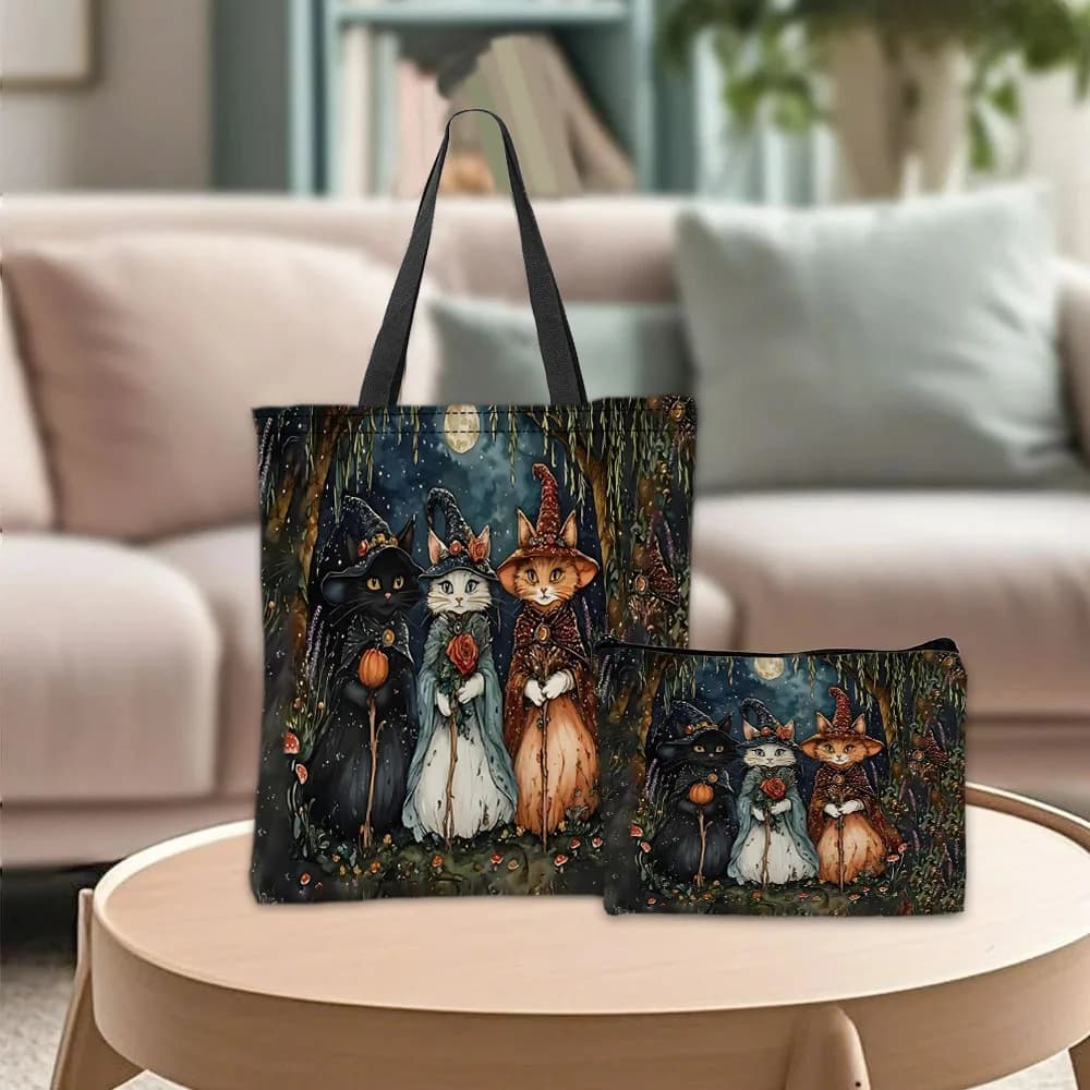 Night Cat Mago Theme Bag Retro Cosmetic Bags Combined Bags Fantasia Forest Shoulder Bag for Daily Use Travel Business Bags