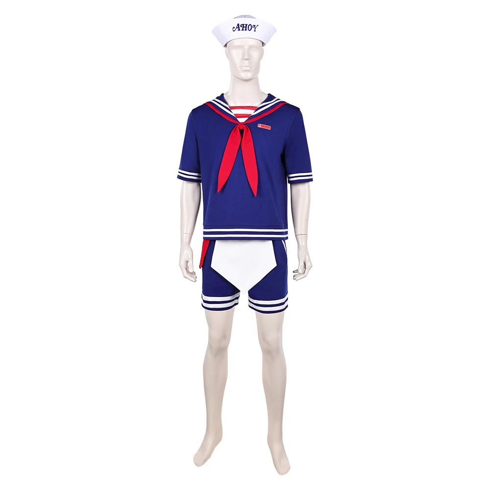 Adulto Steve Cosplay Harrington Costume Cappello Fantasia Vestito da marinaio Camicia da uomo Pantaloncini Grembiule Halloween Carnevale Festa Travestimento Vestiti