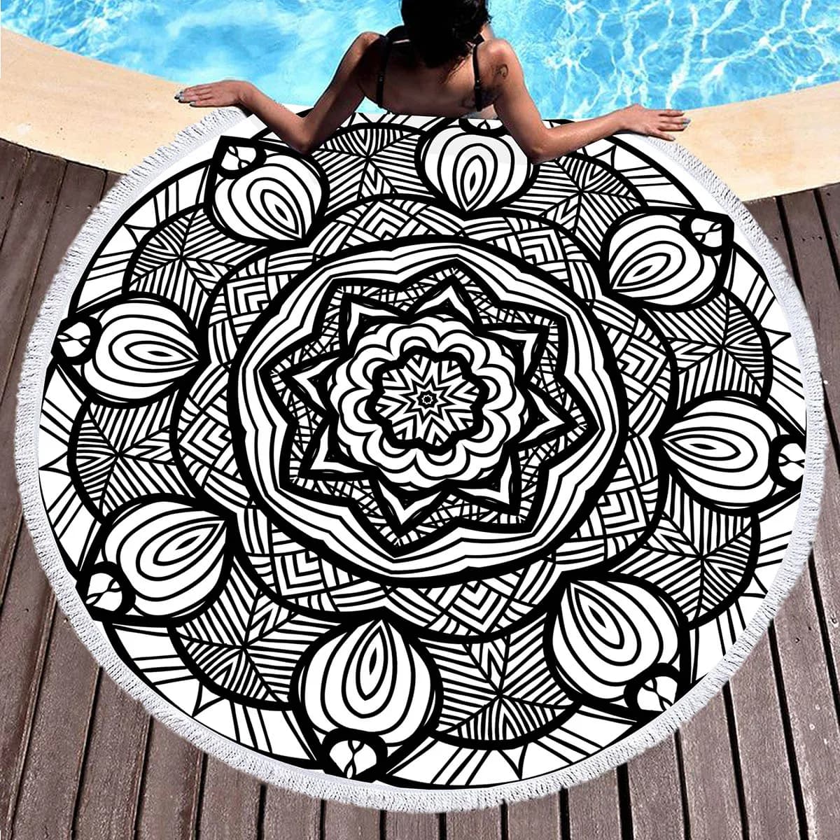 Asciugamano da spiaggia rotondo Mandala, modello bianco e nero Coperta da spiaggia oversize anti-sabbia ad asciugatura rapida Asciugamano da bagno Tappetino da yoga Tappetino da picnic