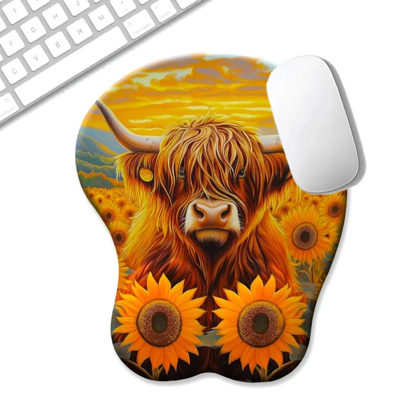 Tappetino per mouse 3D con pittura artistica di girasoli e bovini - Tappetino per mouse ergonomico per uso in ufficio e per il gaming