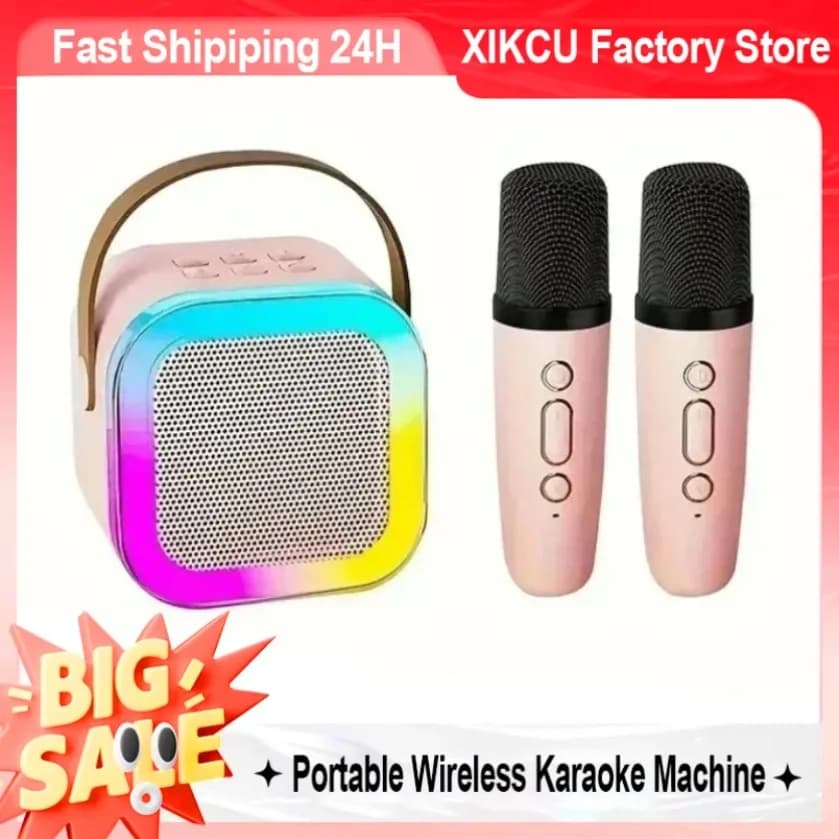 XIKCU Macchina per karaoke con 2 microfoni wireless Luci RGB wireless portatili Set di altoparlanti regalo Karaoke domestico per feste di compleanno