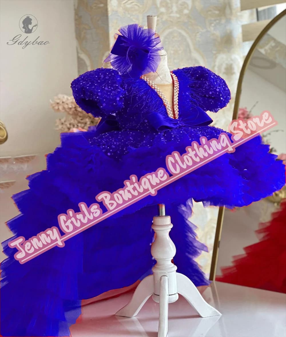 Bellissimo abito da ragazza di fiori con paillettes blu royal con fiocco per abito da sera per eventi di compleanno di nozze da comunione