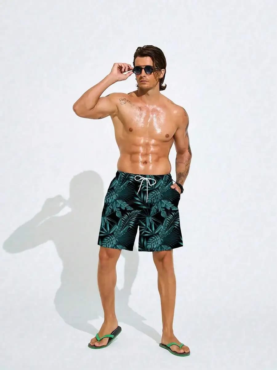 Mens Tropical Leaf Print Drawstring Waist Beach Shorts Holiday Casual