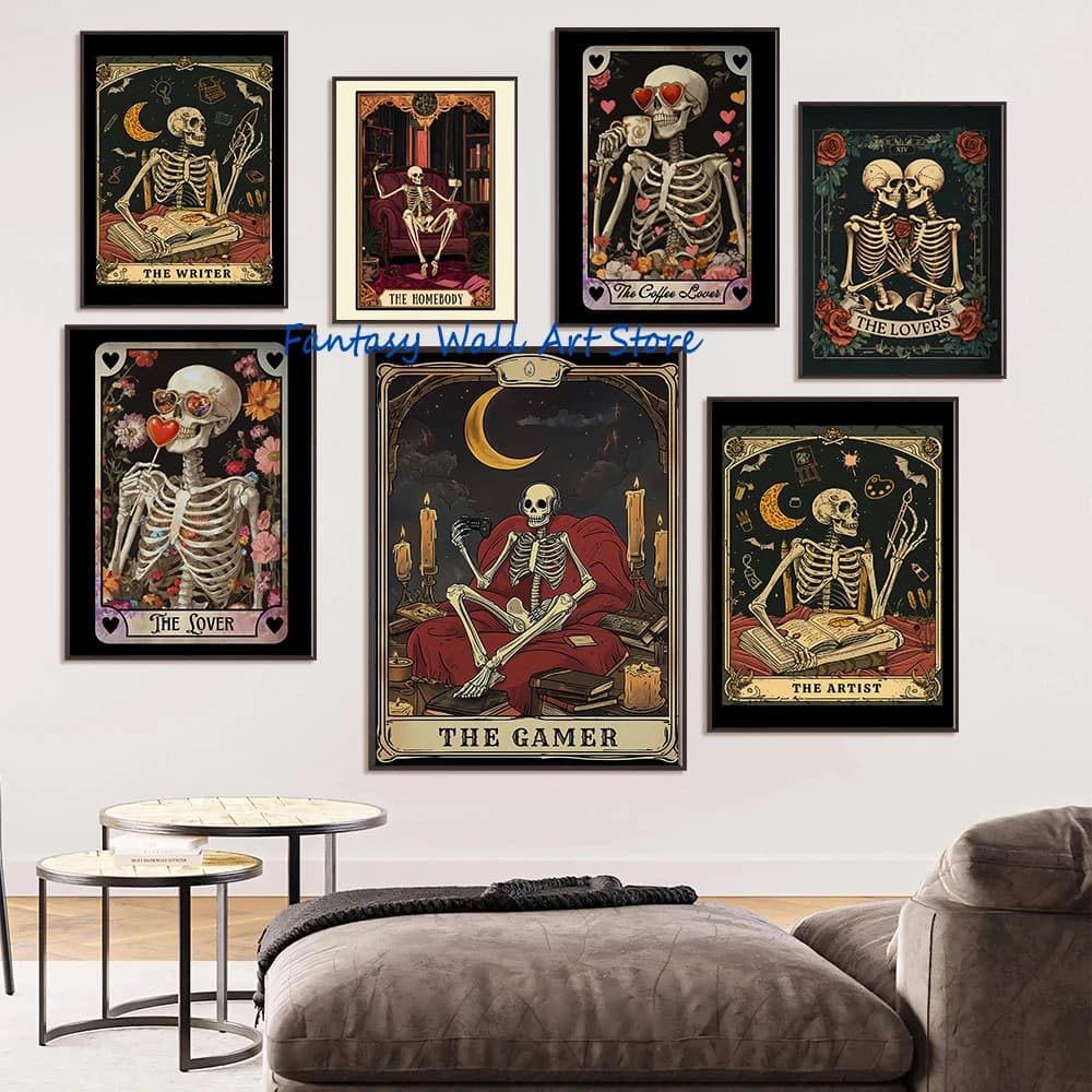 Poster Spaventoso con Scheletro Lettore, Scrittore, Artista, Amante, Carte dei Tarocchi - Quadri su Tela per Arredamento Casa e Ambiente Accademico Spaventoso