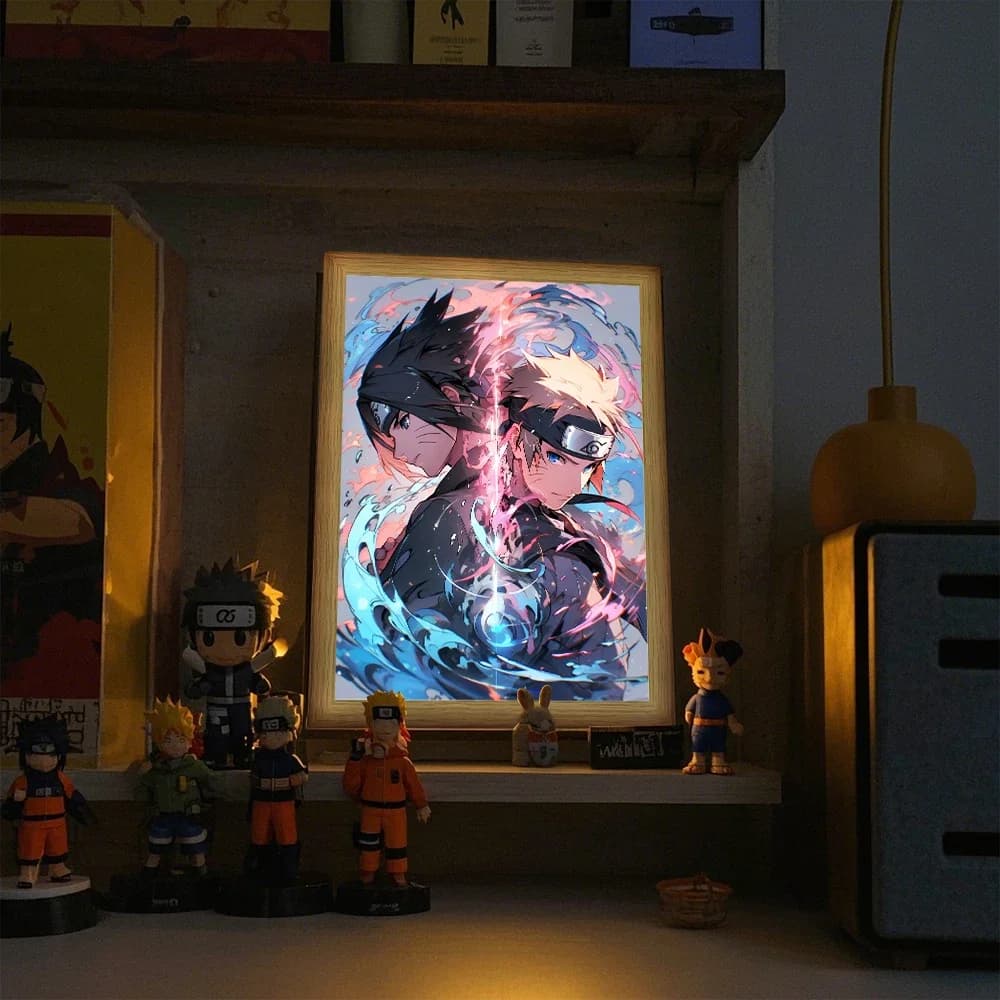 Anime Naruto Figura Adesivo Luce Pittura Cornice per foto Arredamento della stanza Luce notturna a led Sasuke Gaara Lampada lunare Regali di compleanno di compleanno