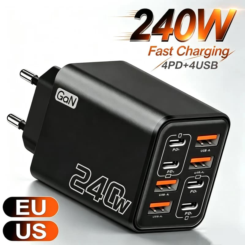 240W GaN USB C Charger Fast Charging 8 in 1 Phone Charger Power Adapter For iPhone Samsung Xiaomi Type C EU/US Plug Wall Charger