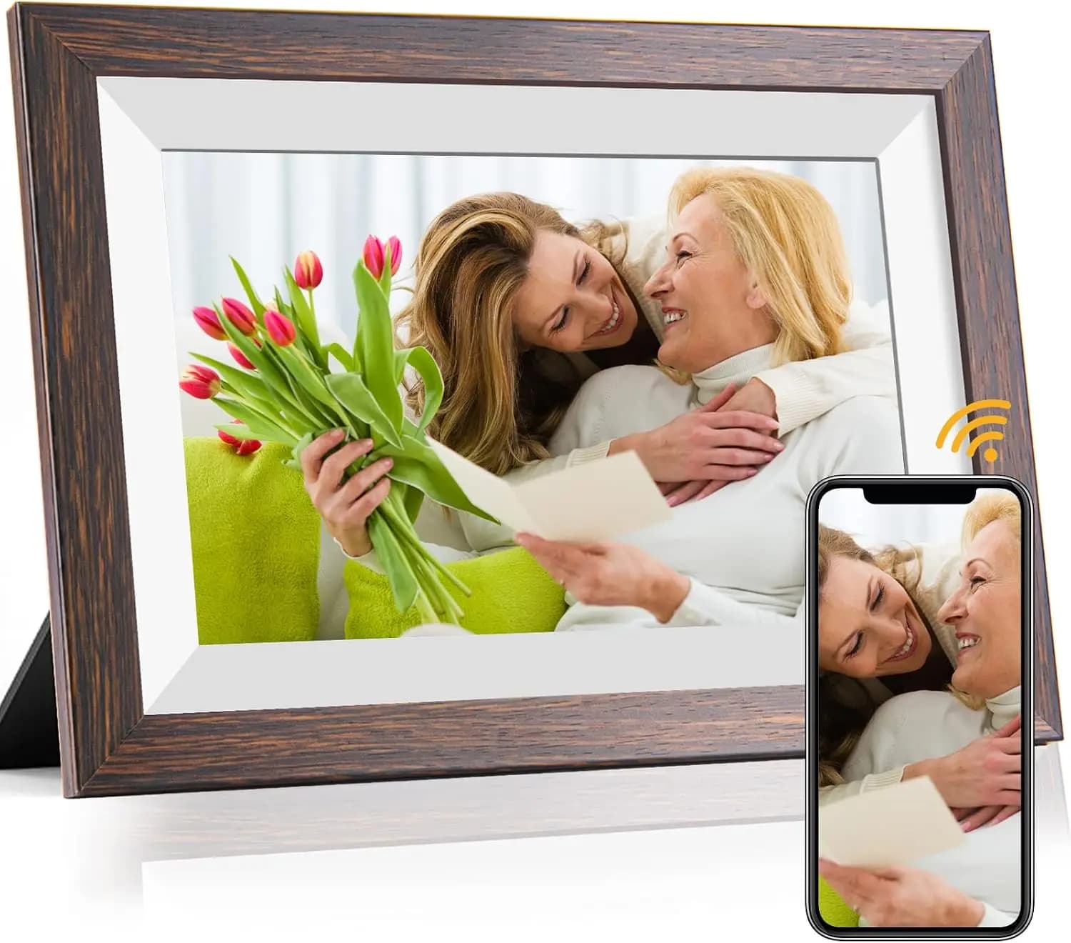 10.1 Inch WiFi Digital Picture Frame with IPS Touch Screen, Auto-Rotate, Share Photos via App, Brown Wood