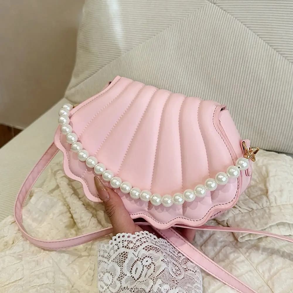 Durable Cute Shell Shoulder Bag Minimalist with Pearls Design Pearl Decorated Handbag PU Leather Crossbody Bag for Women Girls