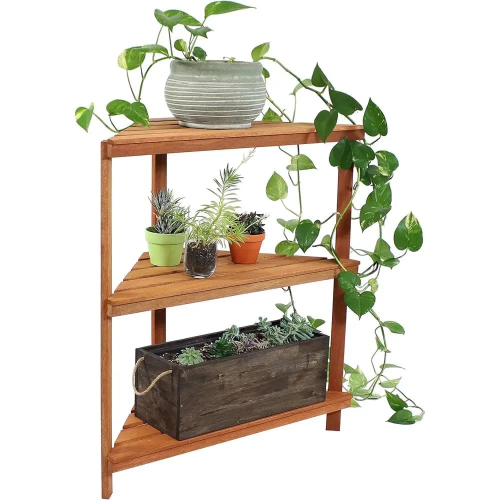 Supporto per Piante in Legno a 3 Ripiani da 36 Pollici con Finitura in Olio di Teak - Porta Piante da Interno/Esterno