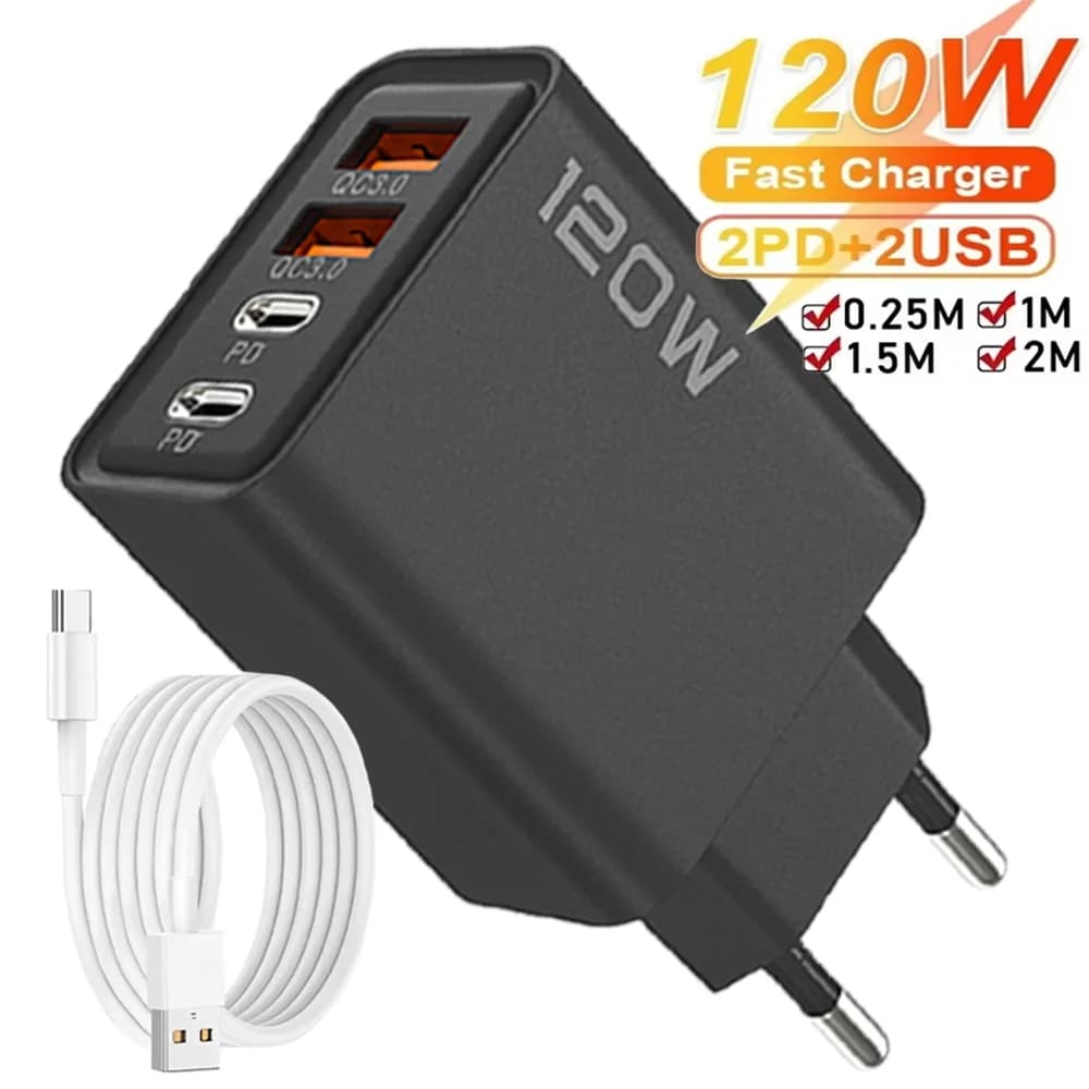 4 Port USB Charger Total 120W Quick Charging Wall Charger with Plug EU/US/UK Power Adapter for Cell Phone Charging Cable Type C