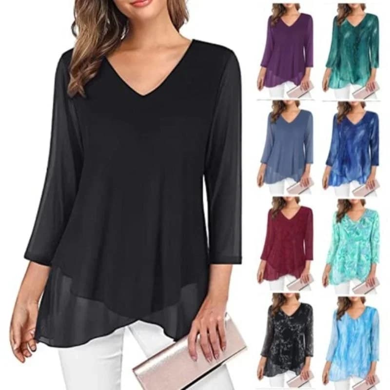 Pullover da donna primavera autunno Top scollo a V tinta unita stampato Slim Femme Eleganct Orlo a sette maniche T-shirt asimmetrica Pendolarismo