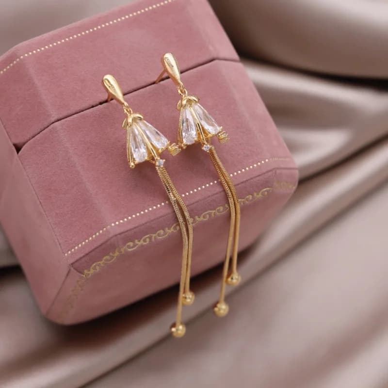 Korean new design fashion jewelry 14K gold plated triangular zircon long tassel earrings elegant women's party accessories