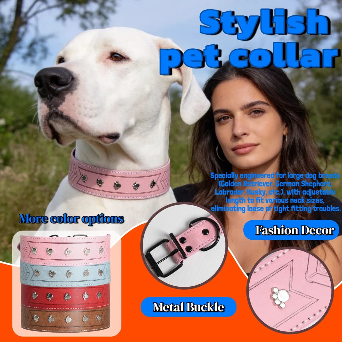 Paw Shaped Metal Stud PU Leather Dog Collar Wide Adjustable Metal Buckle D-ring Fashion Cool Pet Neck Collar Multiple Colors For