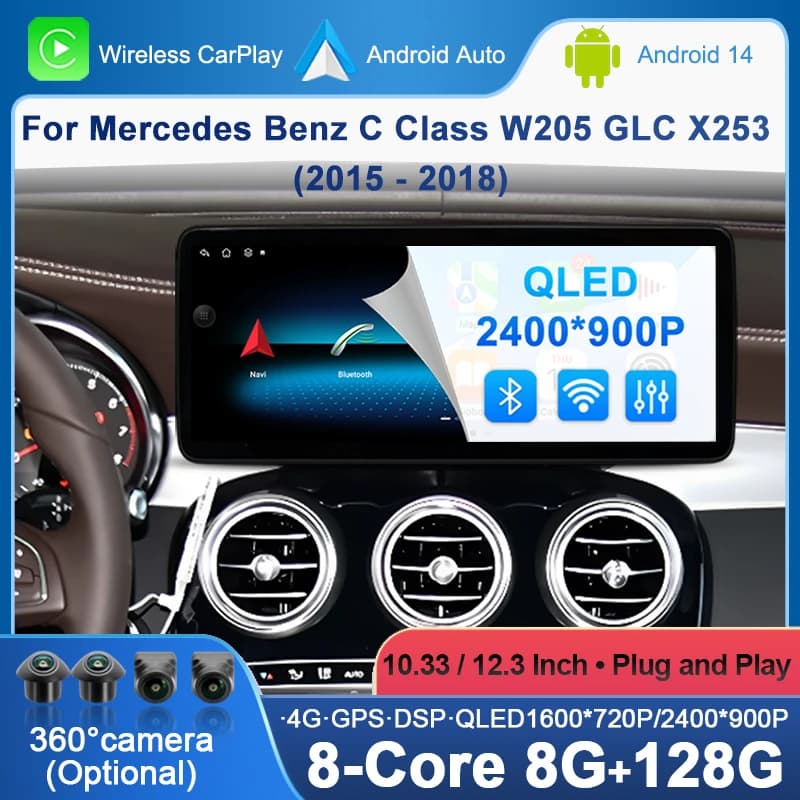 12.3 inch Carplay/Android Auto wireless touch screen radio receiver for Mercedes Benz Class C W205 GLC X253 2015- 2018