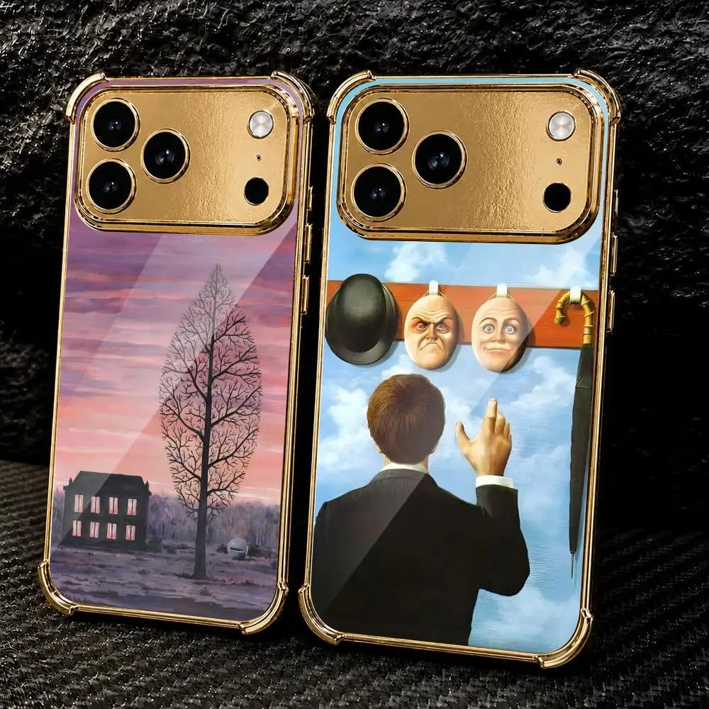 R-Rene Magritte Art Phone Case For IPhone 17 16 15 14 13 12 Pro Max Plus Electroplated Metal Frame Airbag Corner Cover