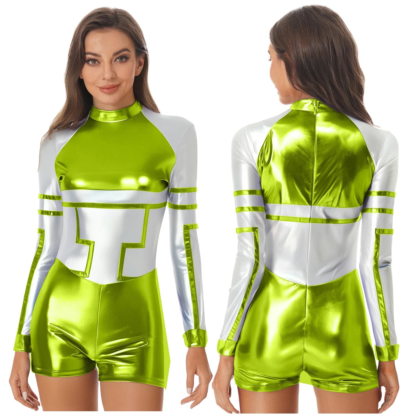 Costume cosplay da donna Space Alien Robot Astronauta Galaxy Trip Body metallizzato lucido a maniche lunghe per la festa a tema di Halloween