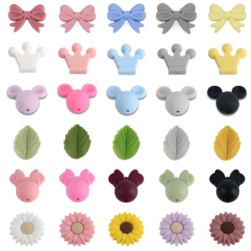 10 Pezzi/Lotto Mini Perline in Silicone a Forma di Fiocco, Corona, Foglia e Fiore per Creazione di Gioielli, Accessori Fai-da-Te per Catenelle Portaciuccio e Braccialetti