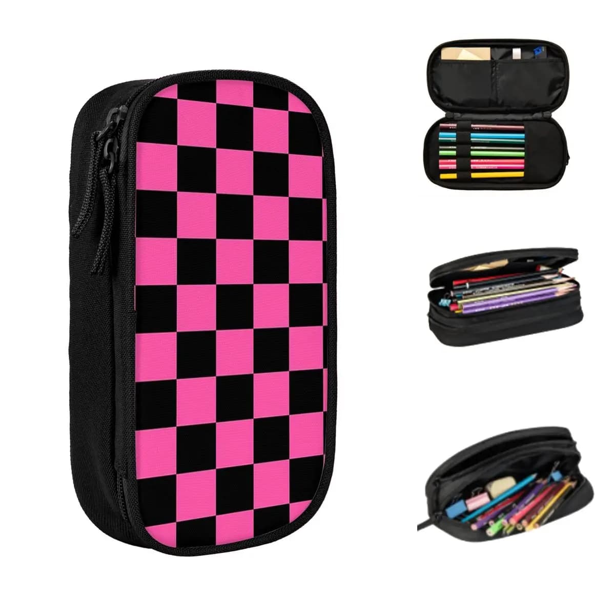 Astuccio a quadretti nero e rosa per ragazzi e ragazze, regalo, scatola per penne, borsa per matite, articoli di cancelleria, borsa porta penne