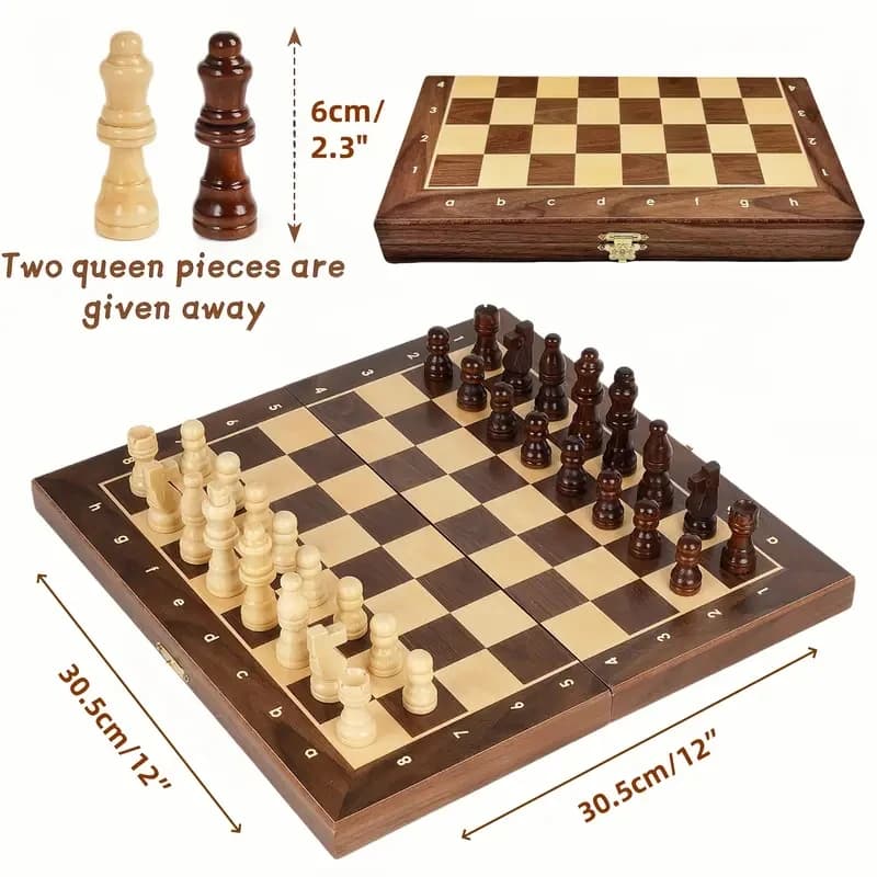 Scacchiera Magnetica da Viaggio 30cm/12 Pollici in Legno - Con 2 Regine Aggiuntive, Gioco da Tavolo Familiare