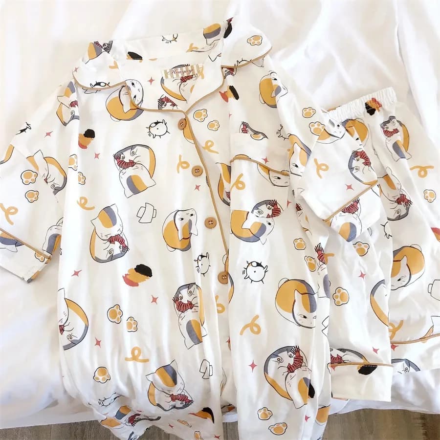 Pigiama Kawaii Natsume Madara con stampa gatto, estivo, a maniche corte, con motivo cartone animato, carino e comodo, set due pezzi per ragazze.