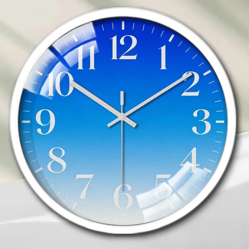Round silent wall clock with shaded blue cartoons, suitable for living room, school, study room, bedroom, children's gifts.