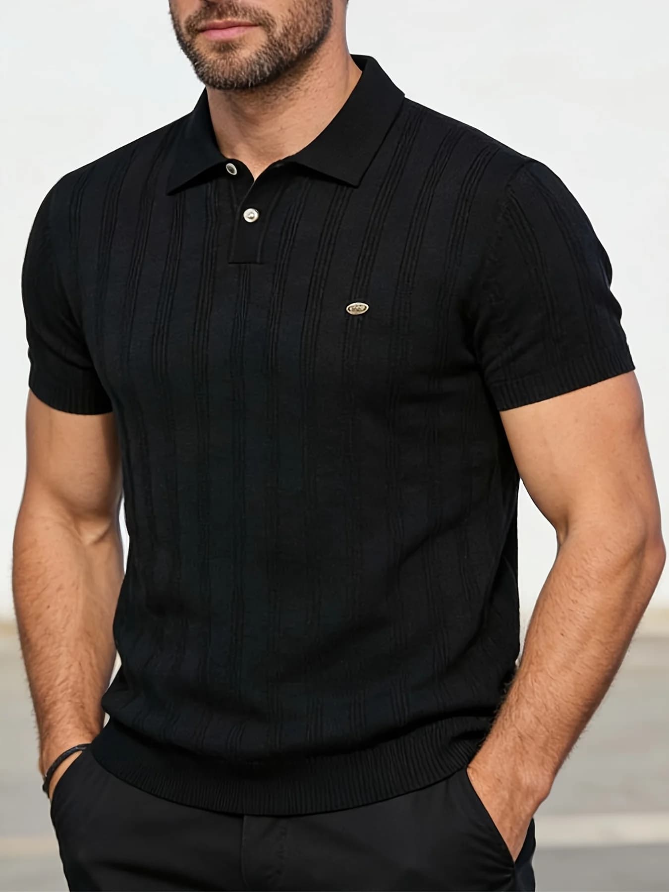 Men's Knit Polo Shirt Short Sleeve Textured Vertical Stripe Casual Business Golf Polo Sweater Lightweight Summer Top